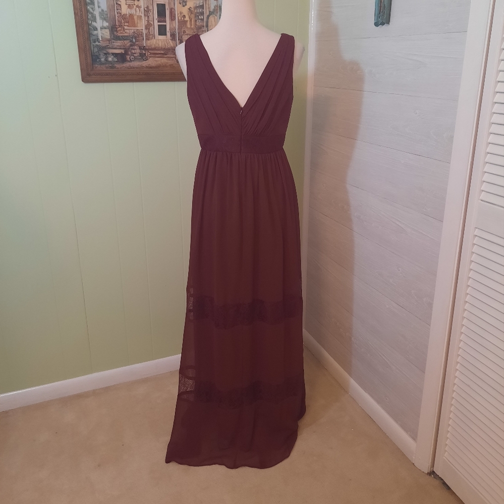 Davids bridal lace ruched chiffon wine maxi dress gown sz 6 *D1 - Picture 3 of 8